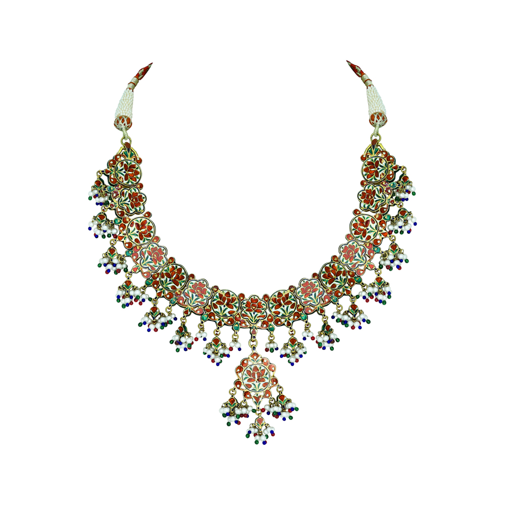 Floral Necklace with Polki, Red-Green Enamel, Pearls, and Beads
